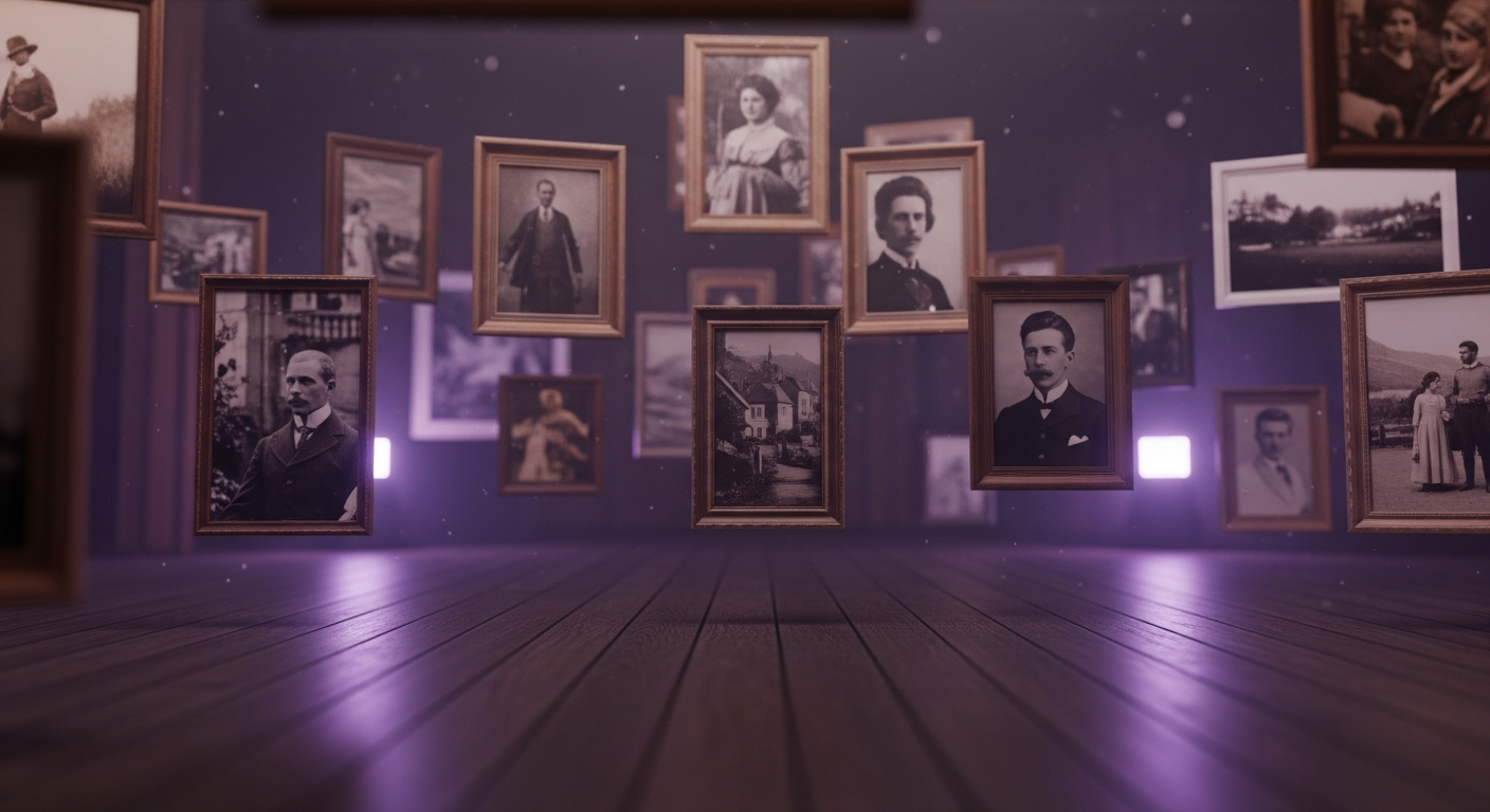 Immersive Durchquerung eines 3D digitalen Erinnerungsraums mit schwebenden Fotorahmen, violettem Umgebungslicht und Holzboden-Perspektive