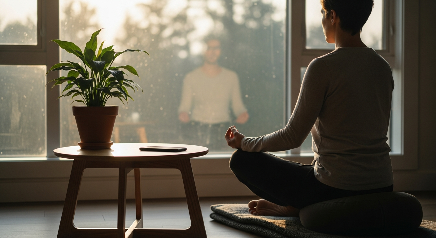Person meditiert am Fenster mit Smartphone face-down auf dem Tisch — bewusste digitale Pause