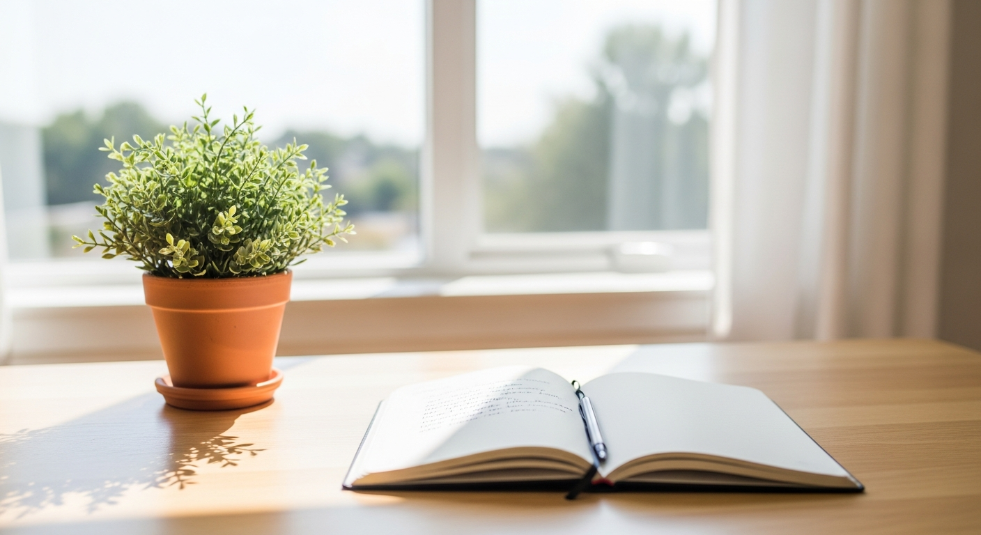 Minimalistischer ruhiger Arbeitsplatz ohne Bildschirm — intentionaler Raum für Fokus und Achtsamkeit