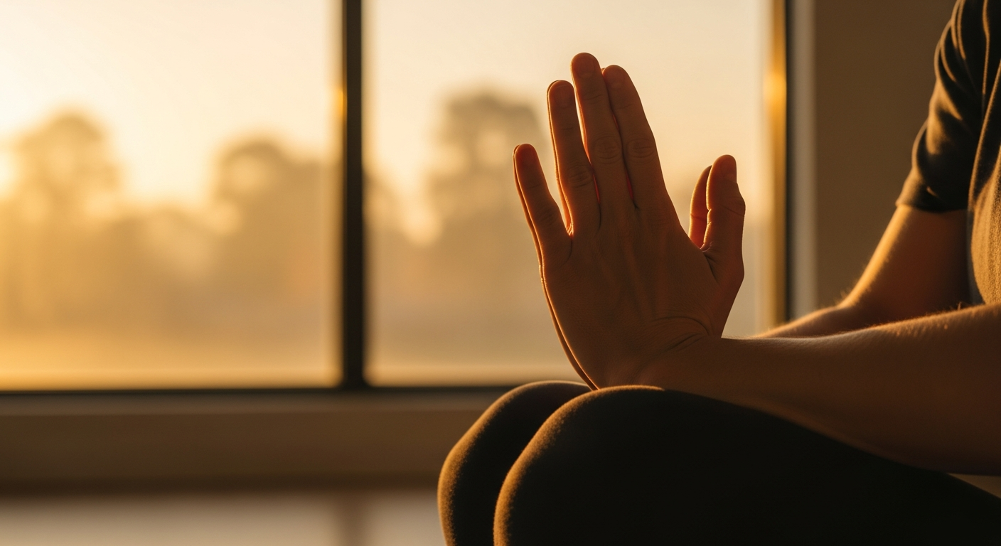 Person meditiert ruhig im Sonnenaufgang, Morgenlicht durch Vorhänge