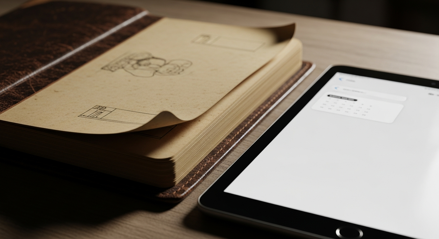 Altes Ledertagebuch neben modernem Tablet — Analog und Digital im Vergleich