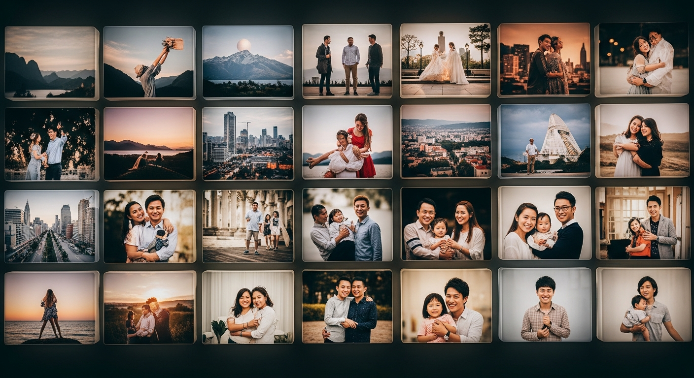 Tausende von Smartphone-Fotos als leuchtende Kacheln in einer digitalen Galerie