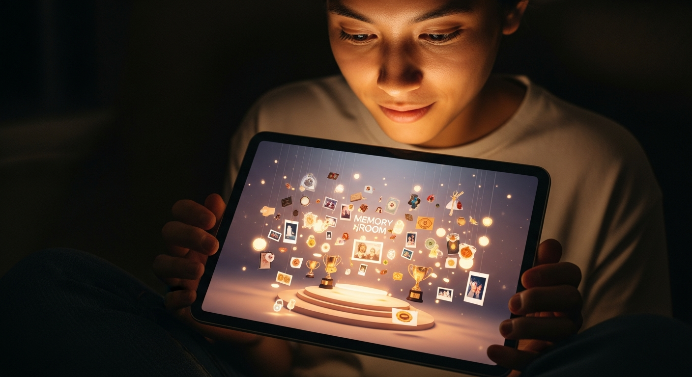 Leuchtendes digitales Geschenk öffnet sich zu einem persönlichen 3D-Erinnerungsraum