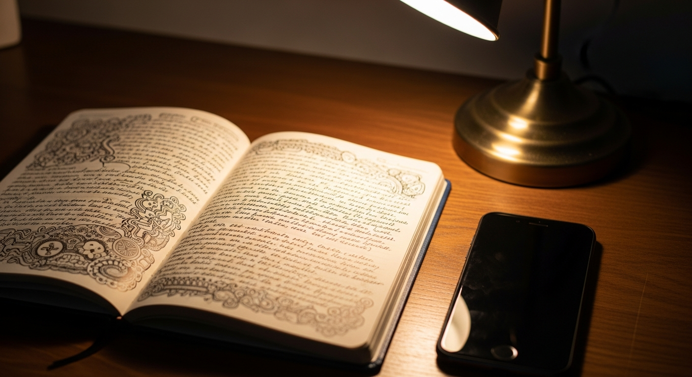 Vergleich von Social Media Scrollen und ruhigem Journaling in zwei Bildschirmhälften