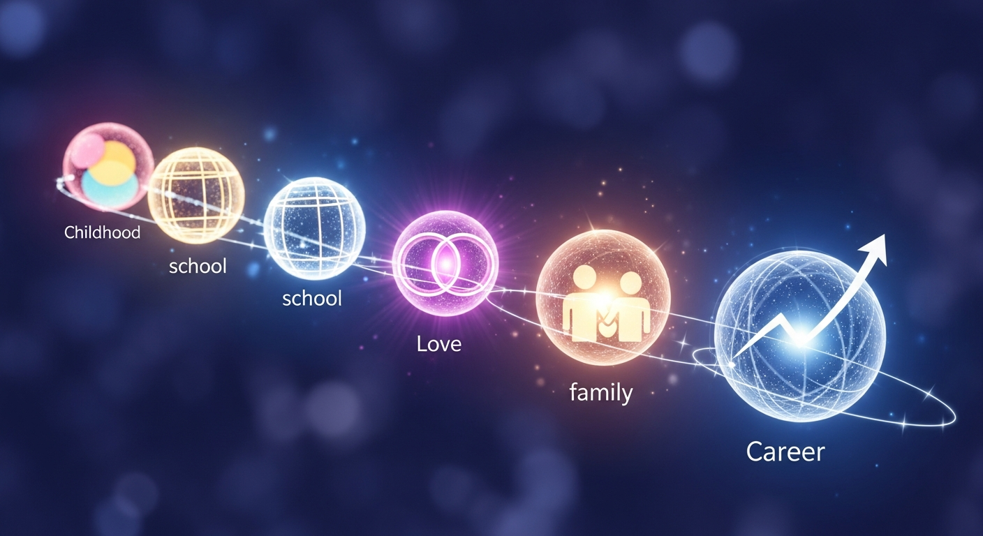 Buch mit leuchtenden Kapiteln zeigt verschiedene Lebensabschnitte einer Person