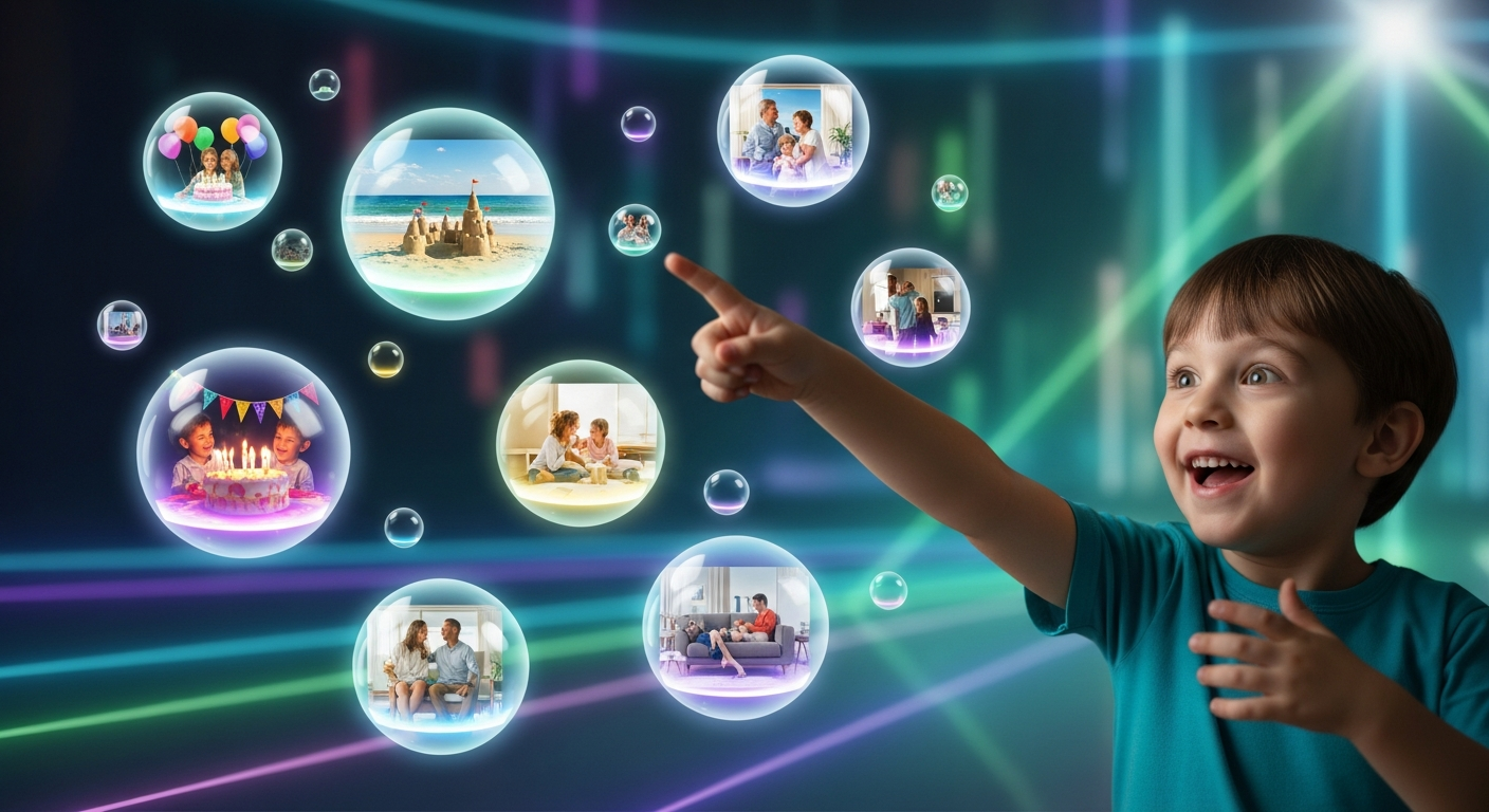 Begeistertes Kind erkundet einen farbenfrohen digitalen 3D-Erinnerungsraum mit Familienfotos