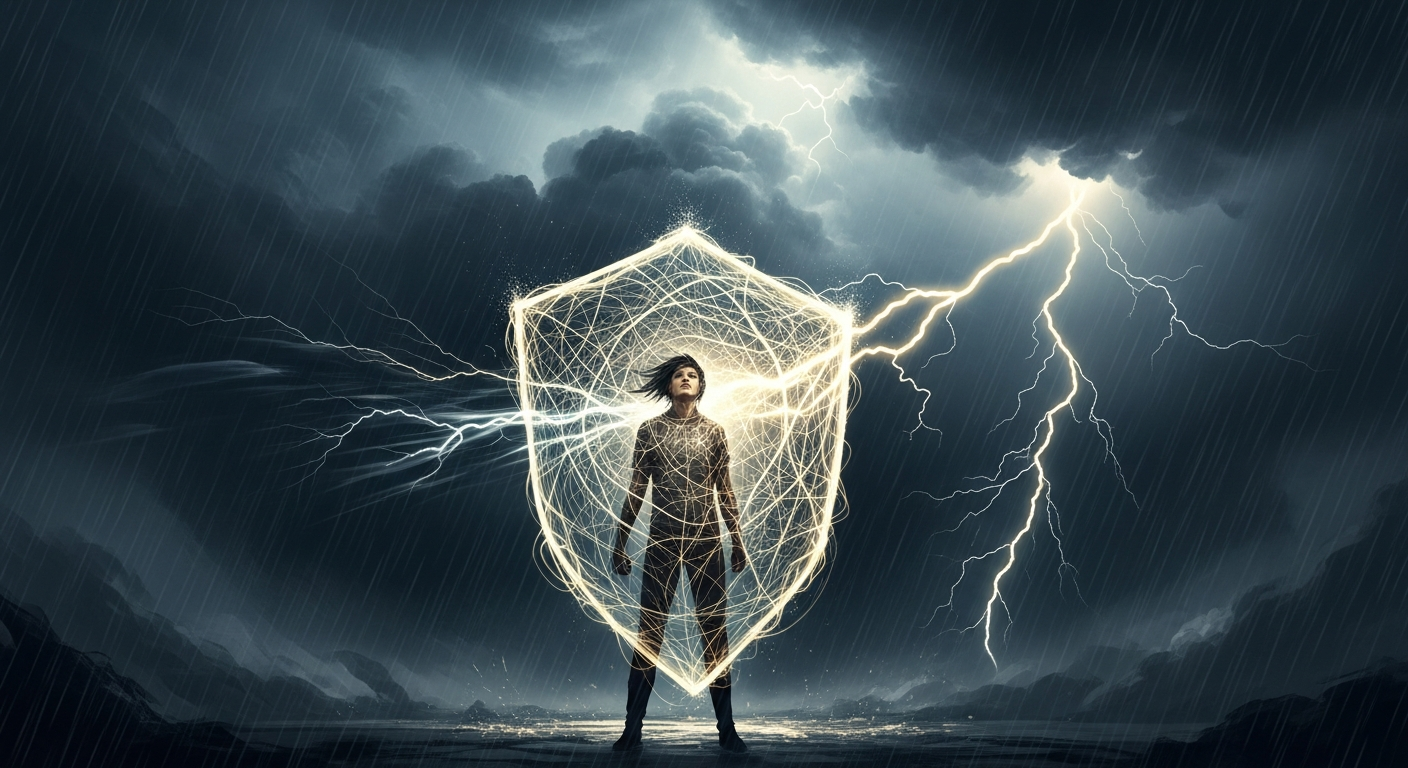 Person voller kreativer Energie baut eine Schutzzone aus Licht um sich herum auf