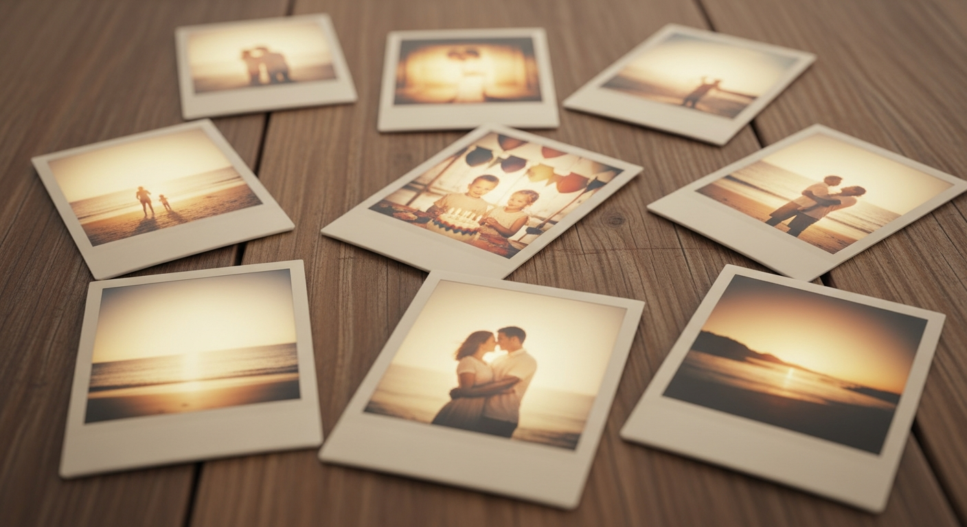 Person umgeben von leuchtenden Erinnerungsblasen mit alten Fotos und Momenten