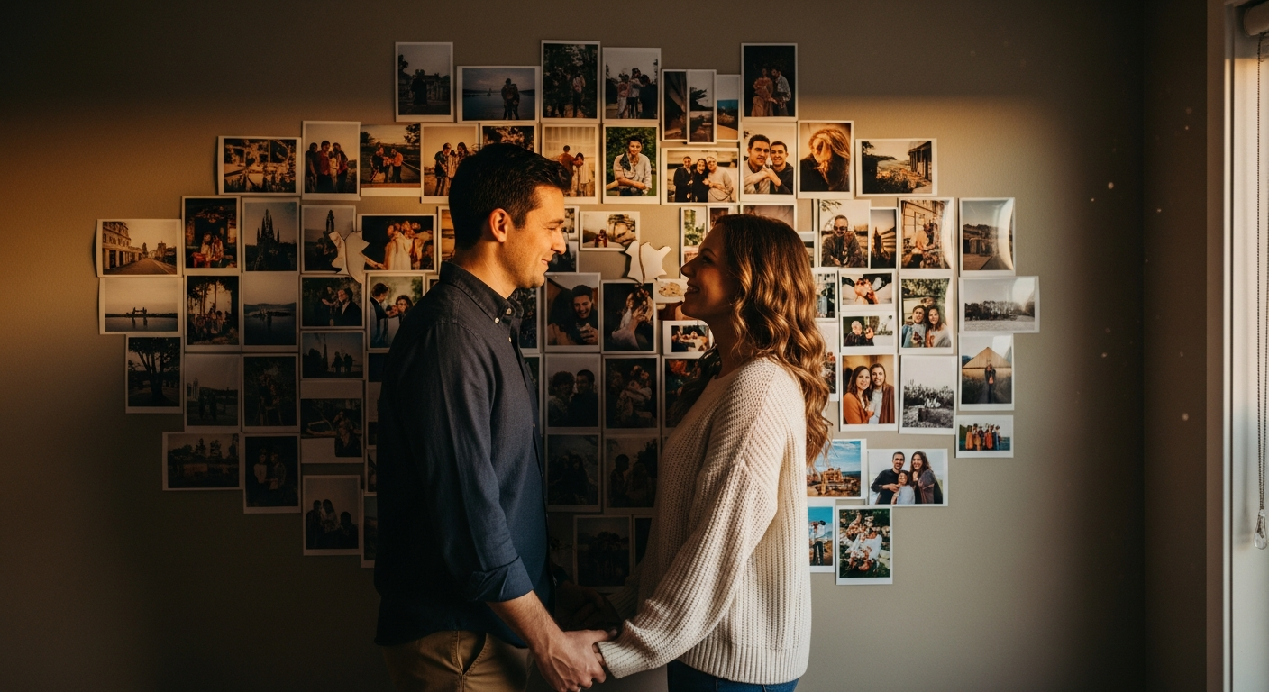 Paar erkundet gemeinsam einen leuchtenden digitalen 3D-Erinnerungsraum