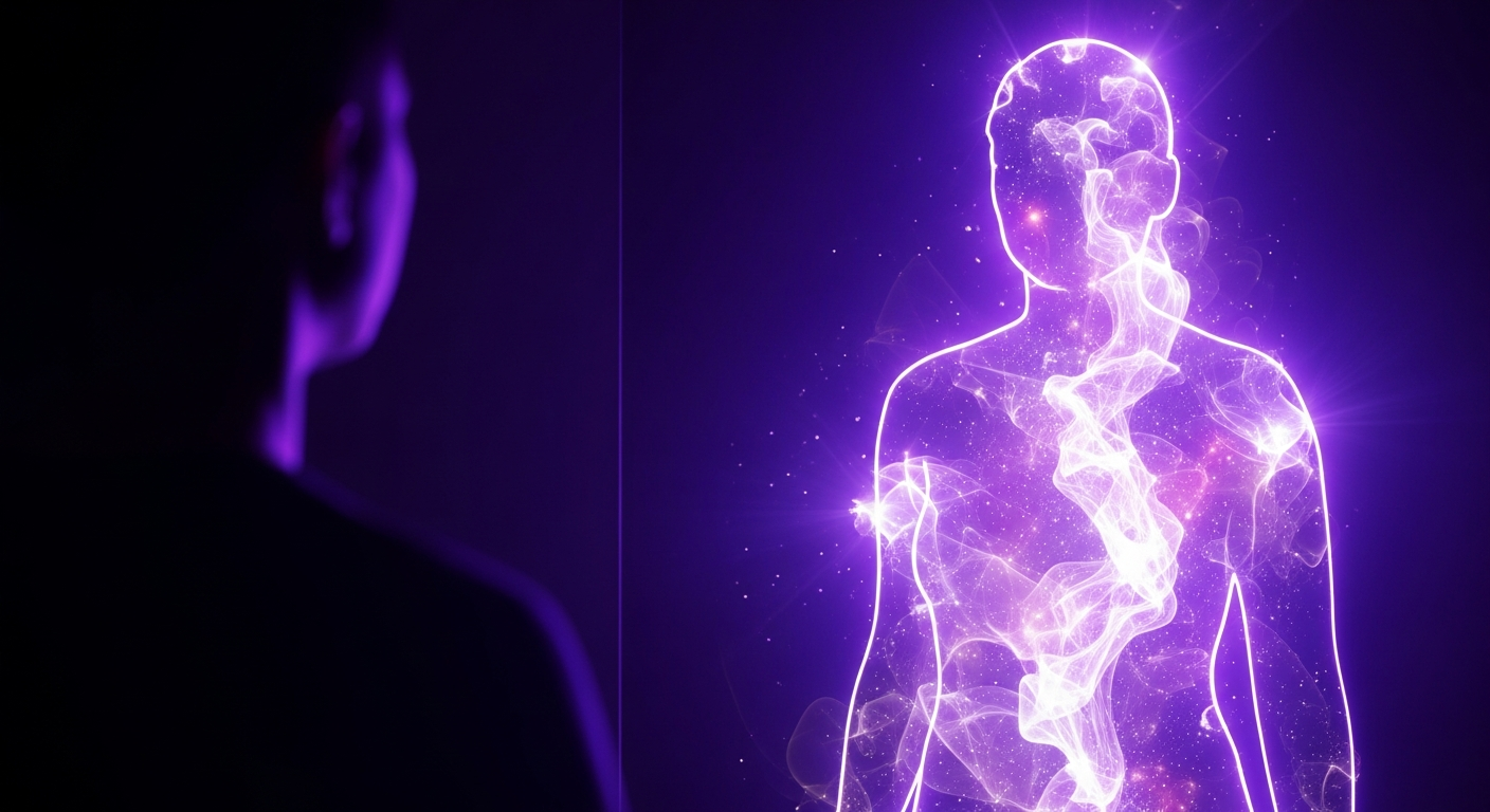 Person betrachtet ihr leuchtendes Spiegelbild voller Gedanken und Erinnerungen