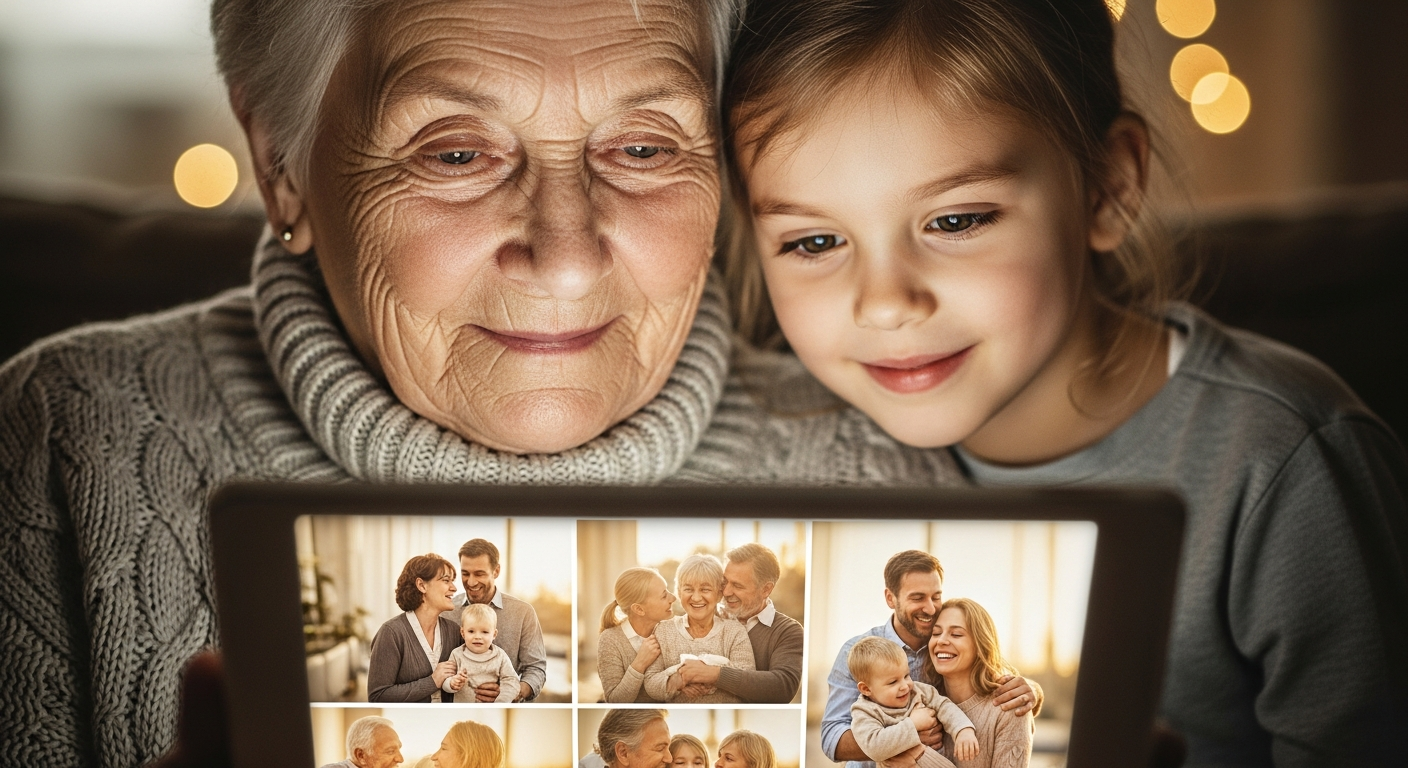 Ältere Person und Enkel schauen gemeinsam auf leuchtende digitale Familienfotos