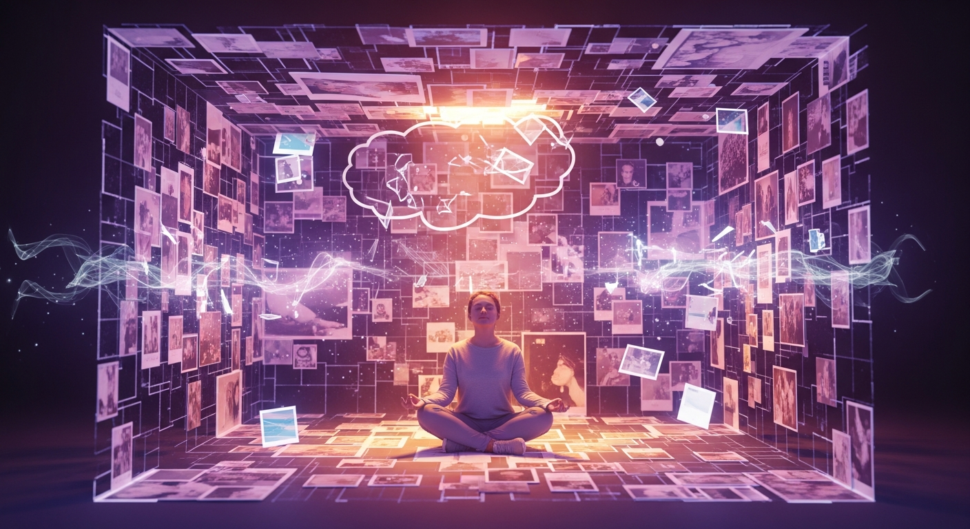 Gestresste Person findet Ruhe beim 3D-Journaling in einem leuchtenden digitalen Raum