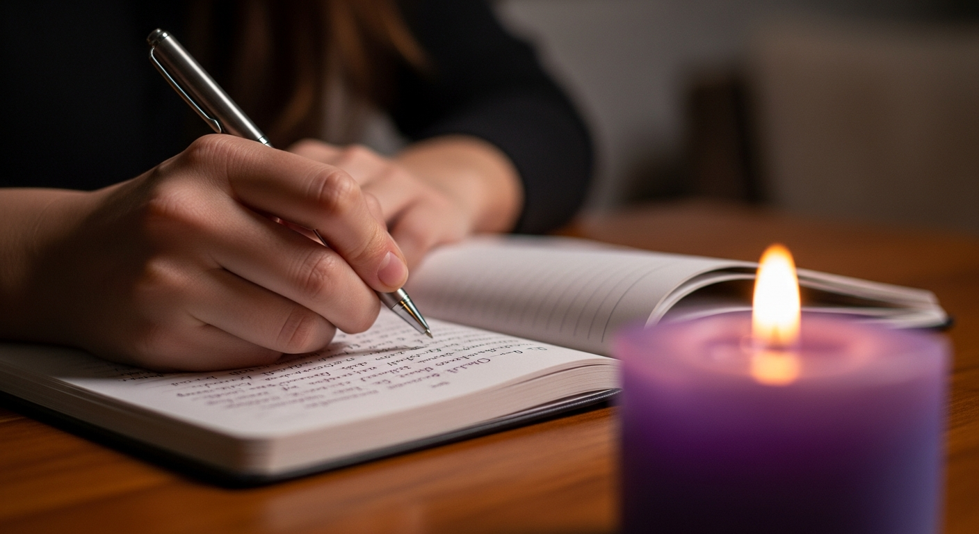 Gestresste Person findet Ruhe beim 3D-Journaling in einem leuchtenden digitalen Raum