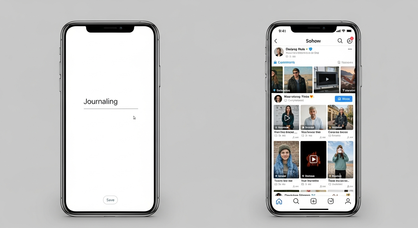 Sieben Smartphone-Bildschirme mit verschiedenen Tagebuch-Apps nebeneinander