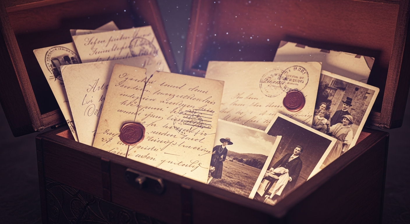 Leuchtende digitale Zeitkapsel schwimmt in einem Sternenmeer aus Erinnerungen