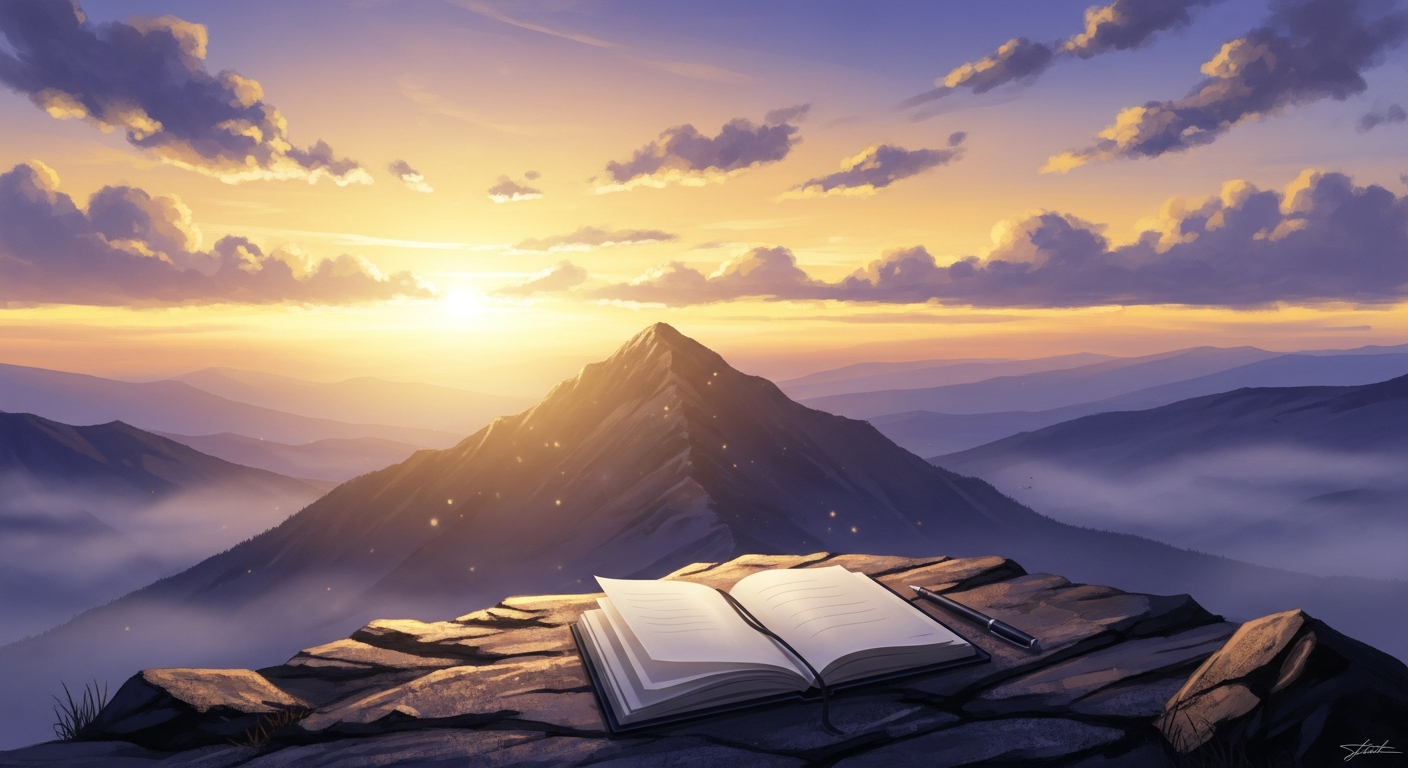 Sonnenaufgang über einem offenen Journal auf einem Berggipfel