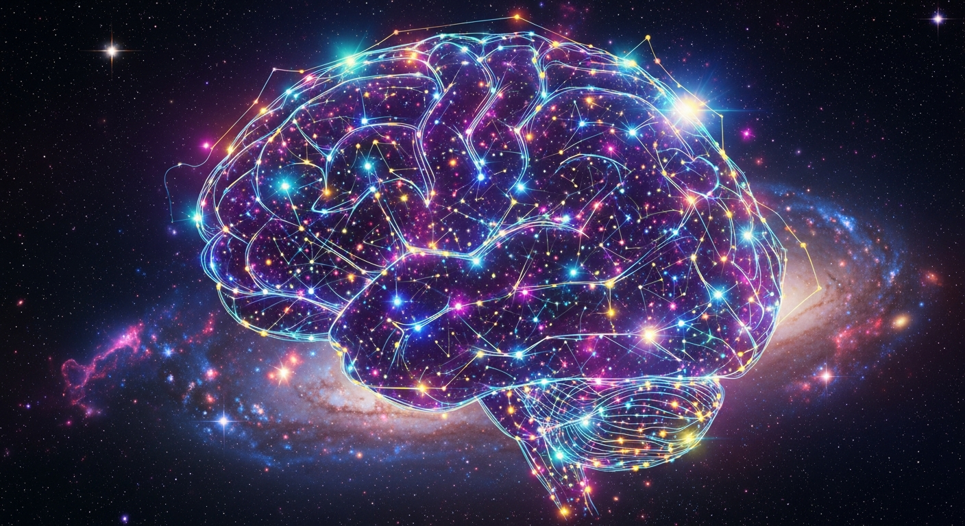 Leuchtende Gehirn-Konstellation aus bunten Neuronenbahnen im Weltall