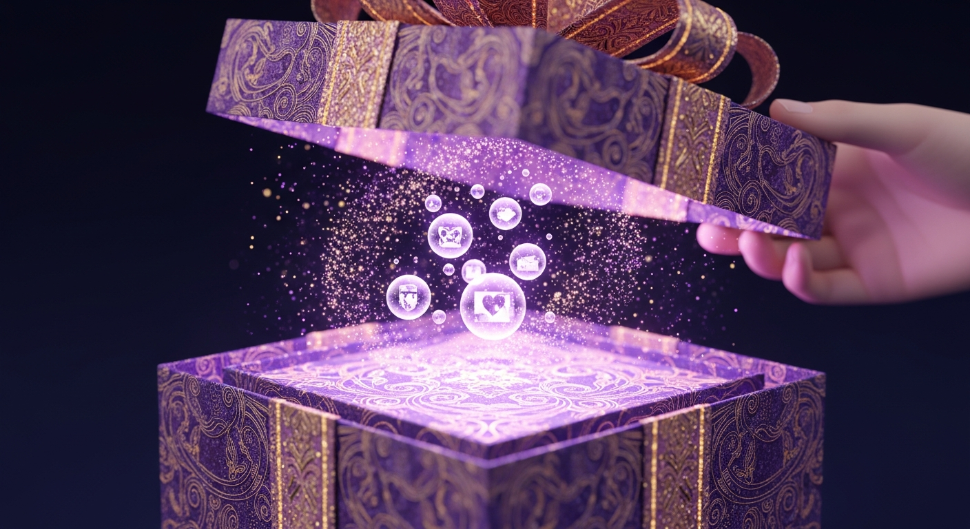 Leuchtendes digitales Geschenk öffnet sich zu einem miniatur 3D-Erinnerungsraum mit fliegenden Fotos und goldenen Lichtteilchen