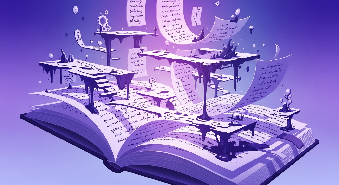 Aufgeschlagenes Journal verwandelt sich in einen schwebenden 3D-Raum mit handgeschriebenen Notizen als dreidimensionale Objekte