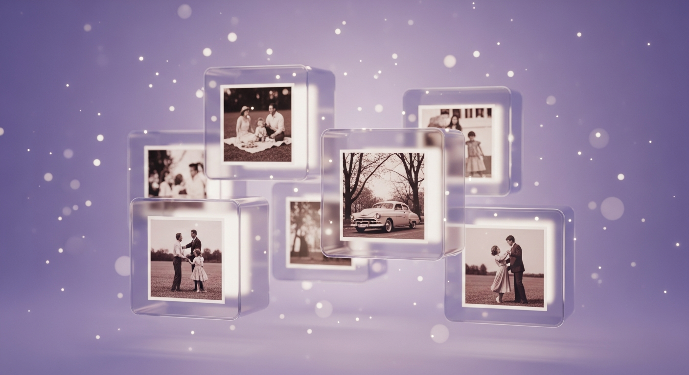 Digitale 3D Erinnerungsboxen mit schwebenden Fotos und Musik-Noten in violettem Lichtraum