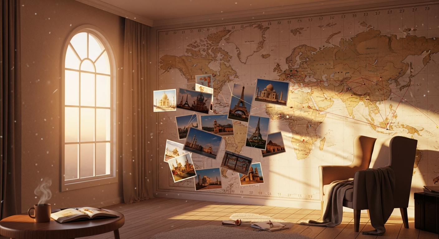 Virtueller 3D Reise-Erinnerungsraum mit Weltkarte, schwebenden Postkarten und warmem Sonnenlicht