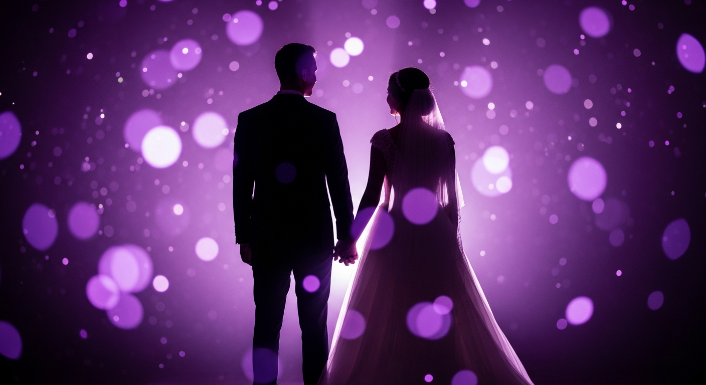 Brautpaar hält Hände, im Hintergrund verschwimmen Lichter des Saals — Hochzeitsatmosphäre