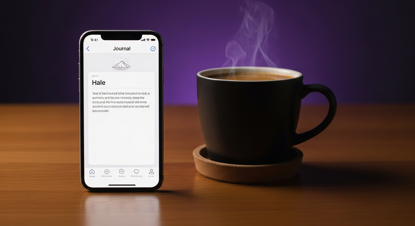 iPhone mit geöffneter Tagebuch-App auf einem Holztisch neben einer Tasse Kaffee