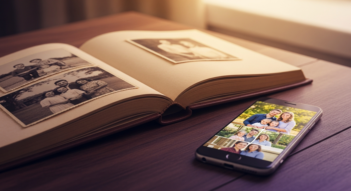 Altes Familienalbum mit Kinderfotos neben einem modernen Smartphone mit digitaler Erinnerung