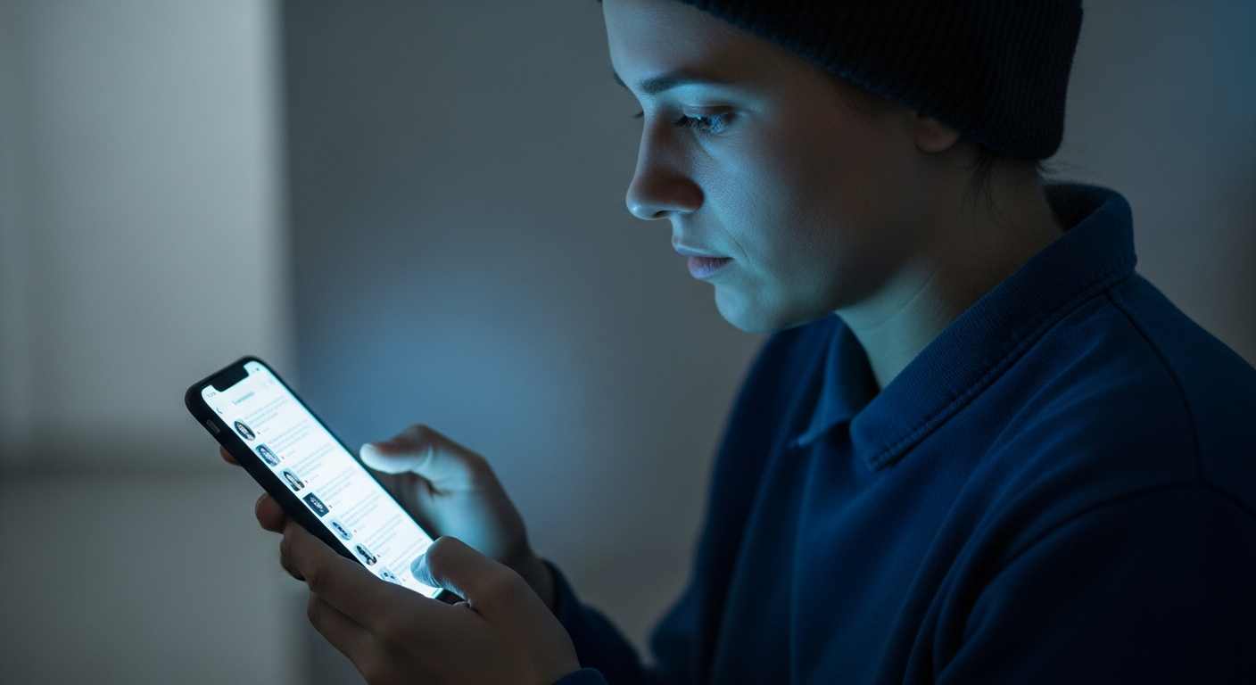 Social Media Scroll-Gewohnheit — unbewusstes Scrollen am Smartphone in gedämpftem Licht
